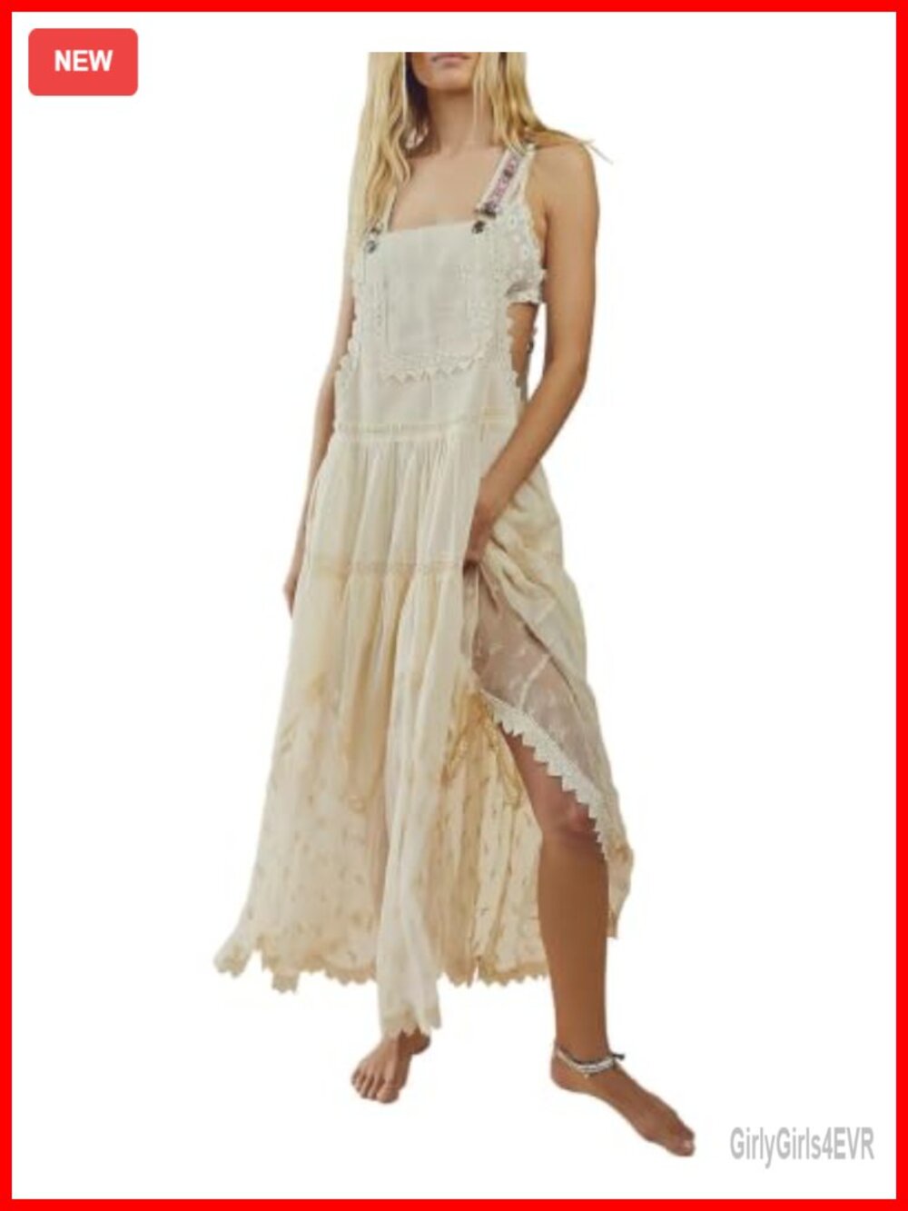 Lace Embroidered Tulle Bib Maxi Dress Adjustable Straps